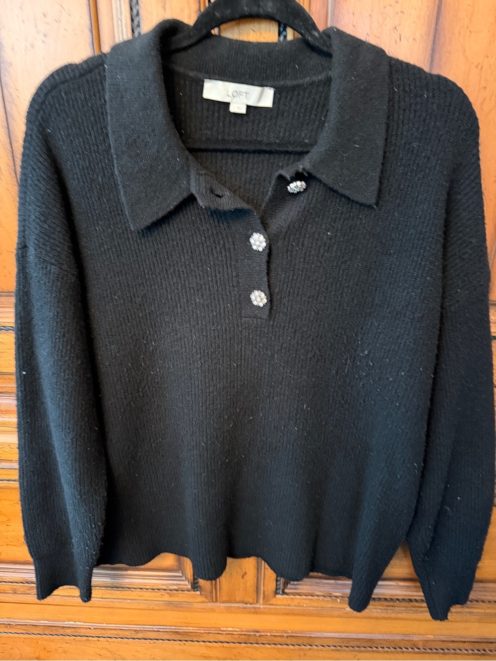 LOFT Black V‑Neck Collared Knit Sweater with Jeweled Buttons